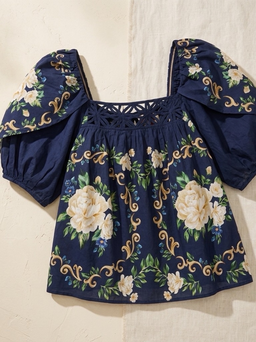 FARM Rio Navy Floral Square-Neck Puff Sleeve Blouse - Picture 3 of 8